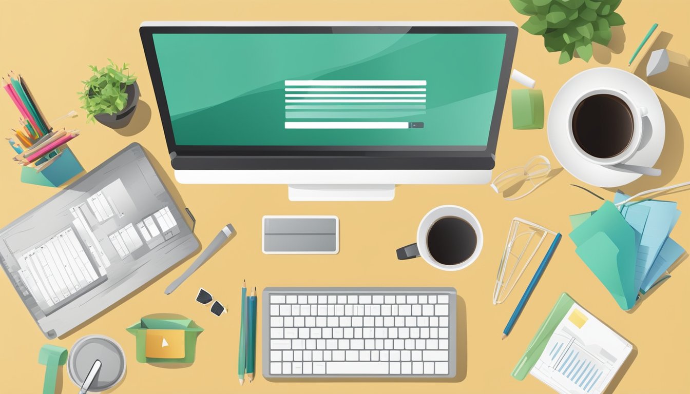 Um computador com um layout de site na tela, cercado por materiais de escritório e uma xícara de café