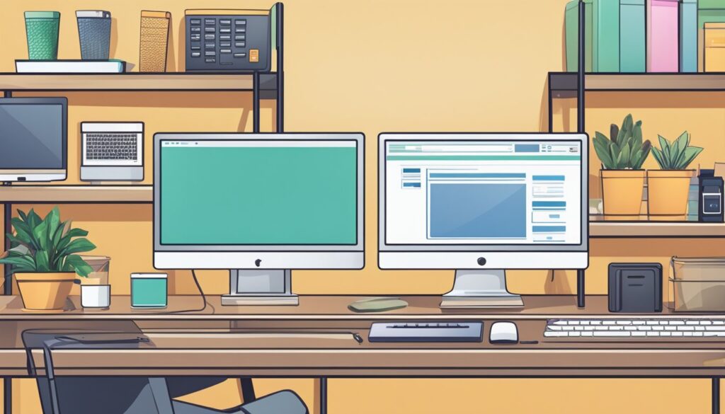 Um monitor de computador exibindo um site de e-commerce com vários produtos, uma mesa com um teclado e um mouse, e prateleiras de mercadorias ao fundo.