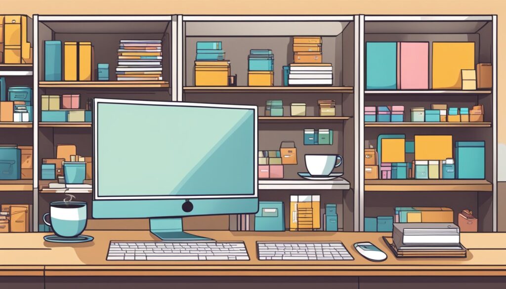 Uma tela de computador exibindo um layout de loja virtual com imagens de produtos, uma mesa com um laptop e uma caneca de café, e prateleiras com várias mercadorias.