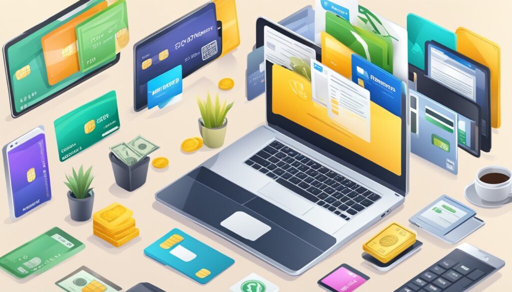 Um laptop exibindo várias opções de pagamento para um site de e-commerce, cercado por um cartão de crédito, smartphone e dinheiro.
