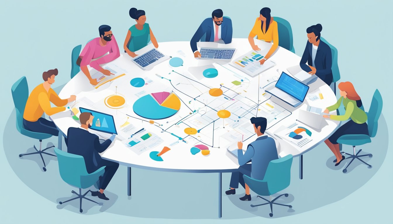 Um grupo de pessoas fazendo um brainstorming e planejando em torno de uma mesa, com gráficos e diagramas em um quadro branco, representando o planejamento estratégico para criar um site de vendas.