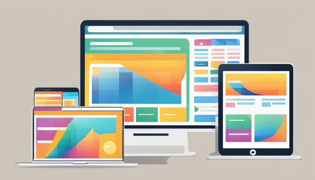 Um laptop, tablet e smartphone exibindo um site, todos com o mesmo conteúdo e layout, demonstrando responsividade em diferentes dispositivos.