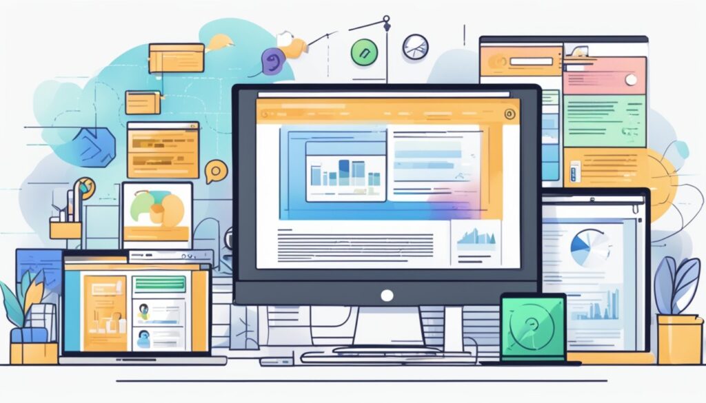 Uma tela de computador exibindo um site com conteúdo envolvente e imagens de alta qualidade, cercada por ferramentas analíticas e feedback positivo dos usuários.