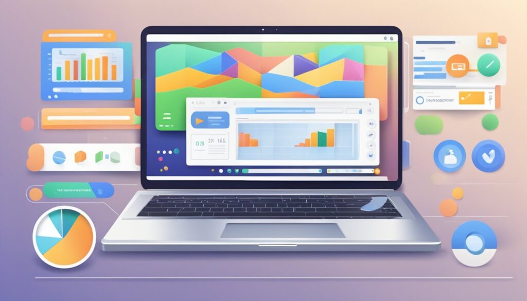 Um laptop com um design elegante e moderno, cercado por avaliações positivas de usuários e altas análises de tráfego do site.