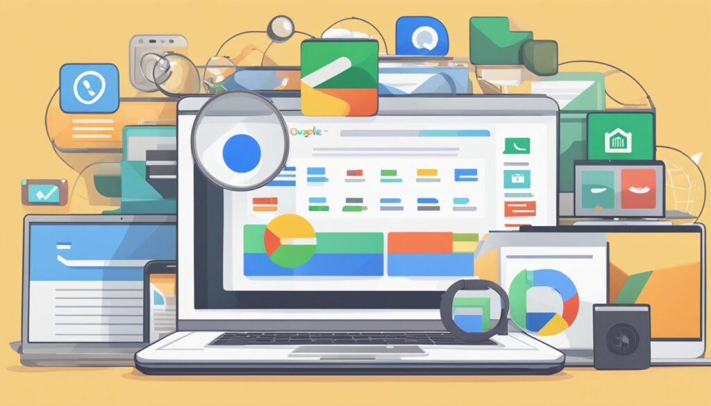 Um laptop cercado por vários links de sites, com uma lupa pairando sobre ele e o logo do Google ao fundo.