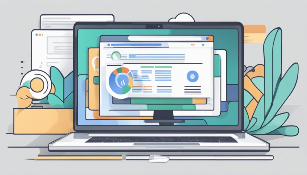 Um laptop exibindo um site com conteúdo estratégico e um resultado de pesquisa do Google em destaque. Uma lupa paira sobre a tela, simbolizando visibilidade e otimização de busca.