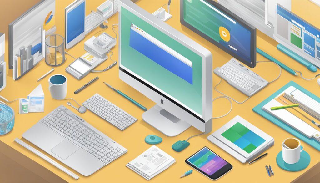 Uma tela de computador exibindo um mecanismo de busca com o logotipo do Google e uma barra de pesquisa, cercada por vários dispositivos eletrônicos e materiais de escritório