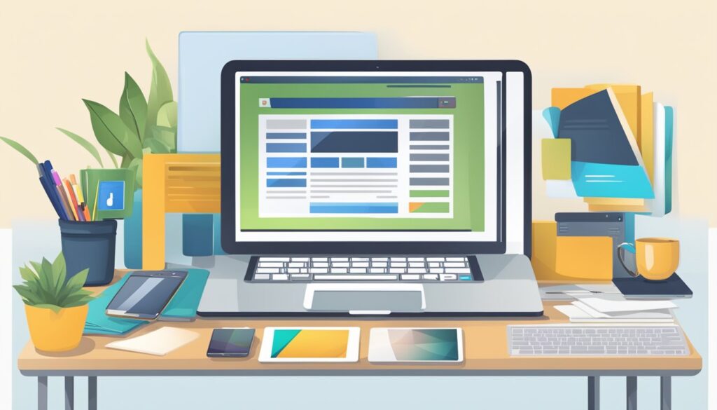 Um laptop exibindo um site em uma mesa, com vários dispositivos ao redor, ilustrando a importância de conteúdo otimizado e um design de site responsivo.