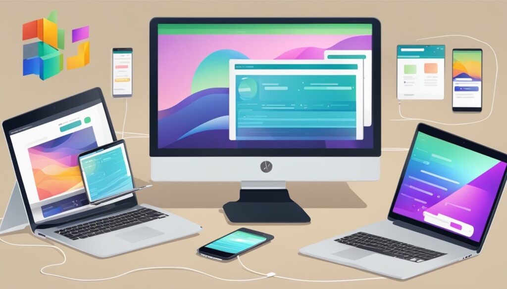 Um laptop, um tablet e um smartphone exibidos lado a lado, cada um mostrando um site que se ajusta perfeitamente a diferentes tamanhos de tela.