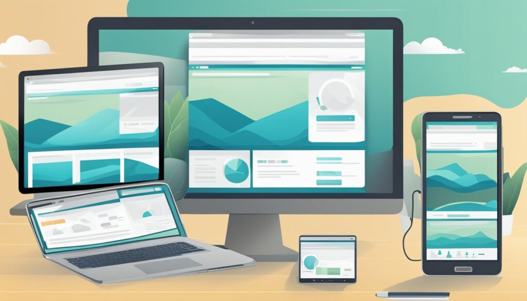 Um laptop, tablet e smartphone exibindo o mesmo design de site, ajustando-se perfeitamente para caber em cada tamanho de tela.