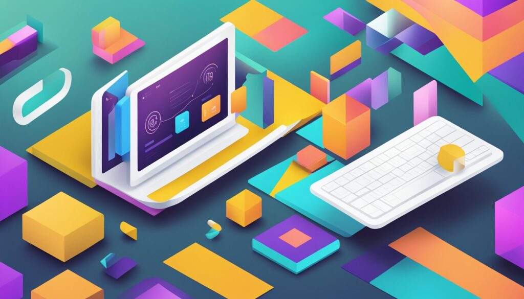 Uma página de destino moderna e elegante com formas geométricas e cores vibrantes, apresentando tipografia ousada e um layout limpo.
