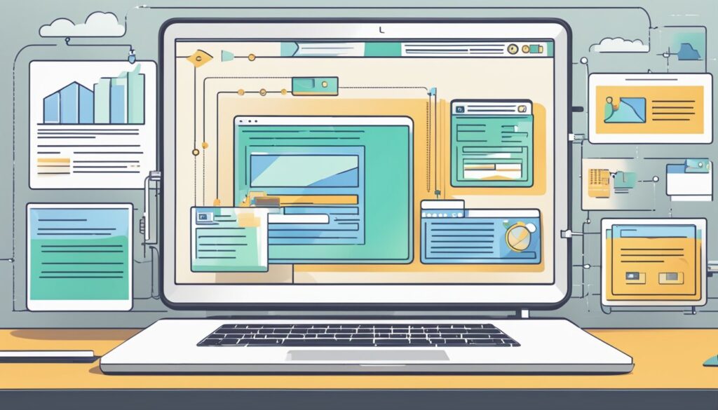 Uma tela de computador exibindo um design de página de aterrissagem com estrutura de automação e leads gerados