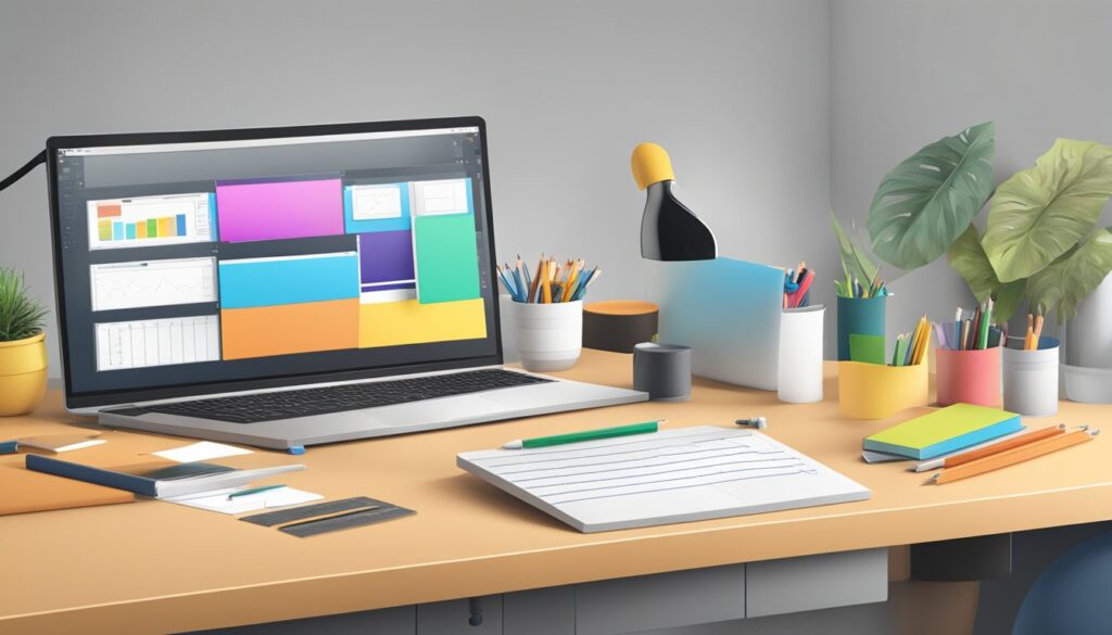 Uma mesa com um computador, tablet e vários softwares de design abertos. Uma régua, lápis e borracha estão próximos.