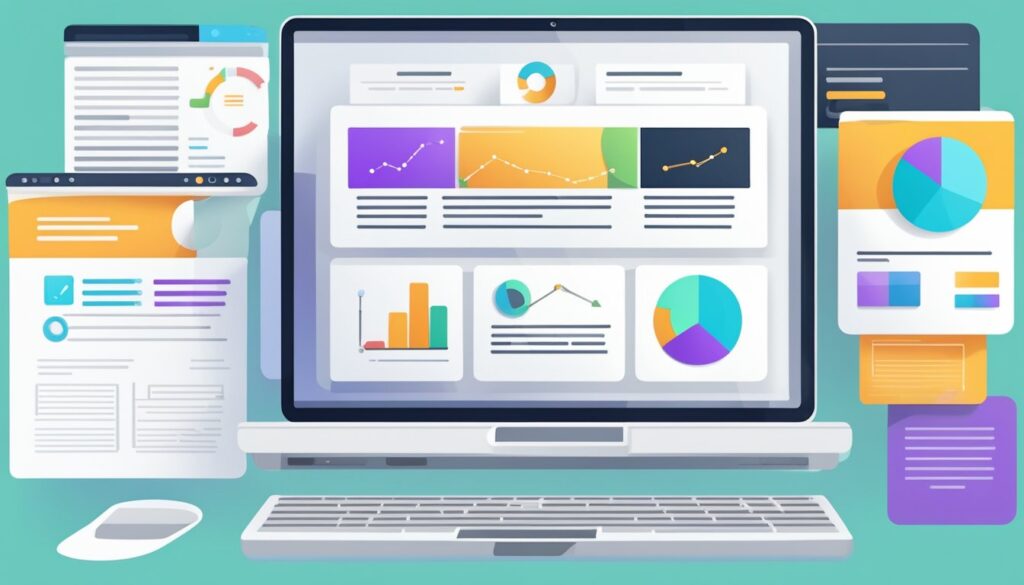 Um laptop exibindo um design de página de aterrissagem com elementos de SEO e estrutura de visibilidade online