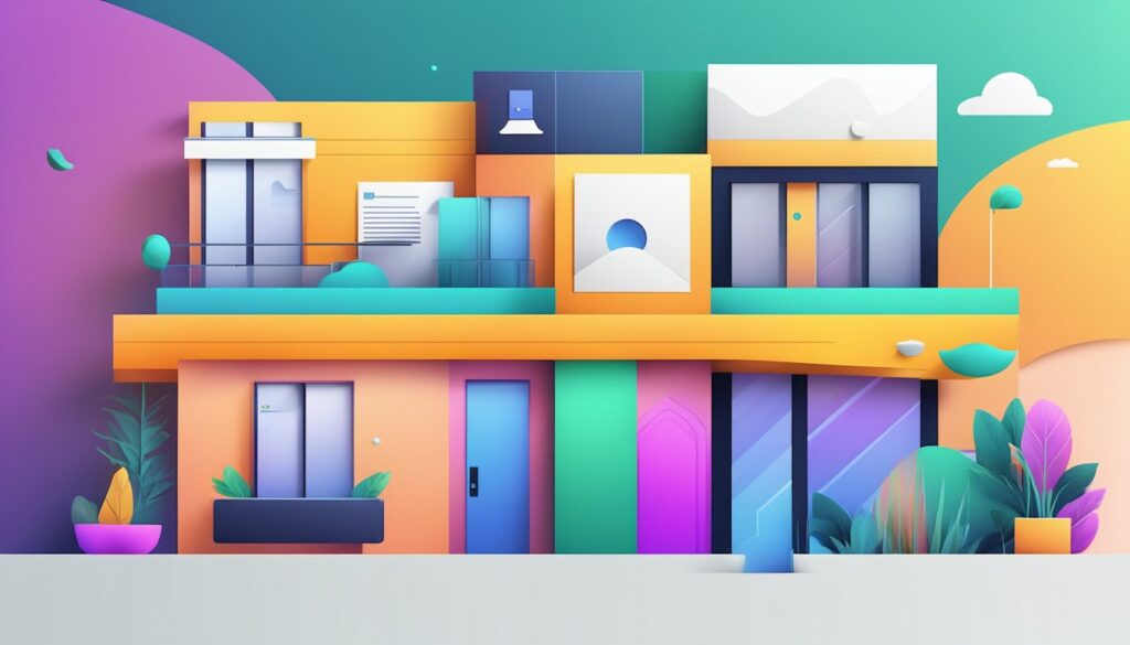 Um layout de página de destino moderno e elegante com formas geométricas e cores vibrantes