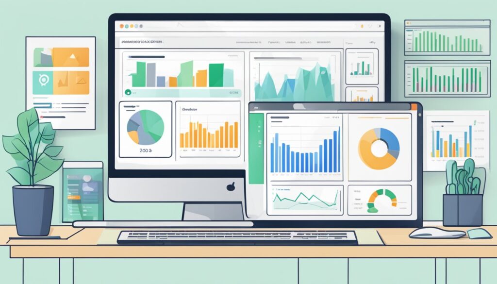 Uma tela de computador exibindo dados do Search Console com gráficos e tabelas de gerenciamento de tráfego e audiência