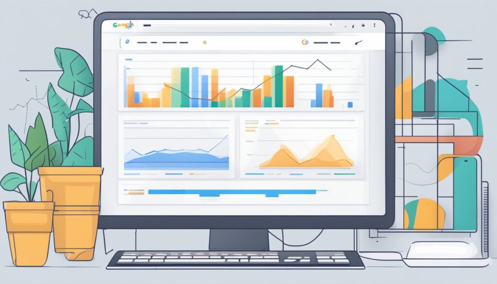Uma tela de computador exibindo a página inicial do Google Search Console com vários dados e gráficos, um cursor de mouse pairando sobre a barra de pesquisa