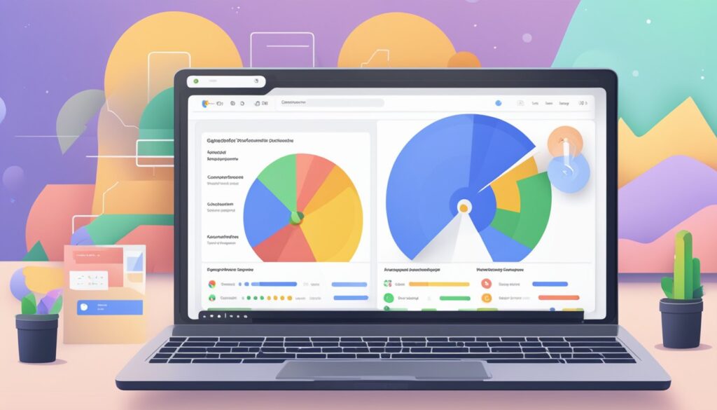 Um laptop exibindo o painel do Google Search Console com várias métricas de desempenho do site e visualizações de dados.