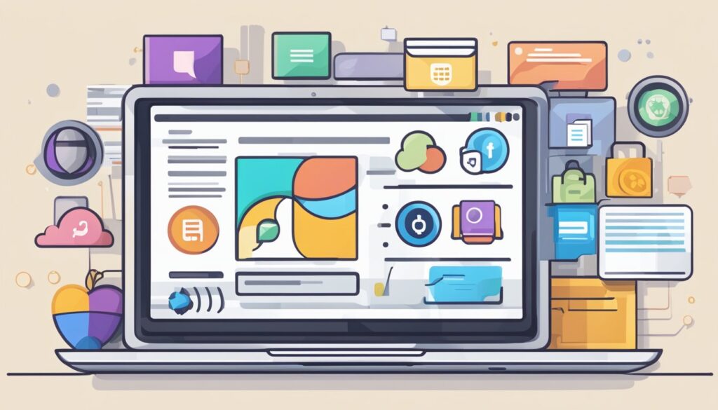 Um laptop exibindo o site do Elementor com vários ícones representando diferentes extensões e integrações