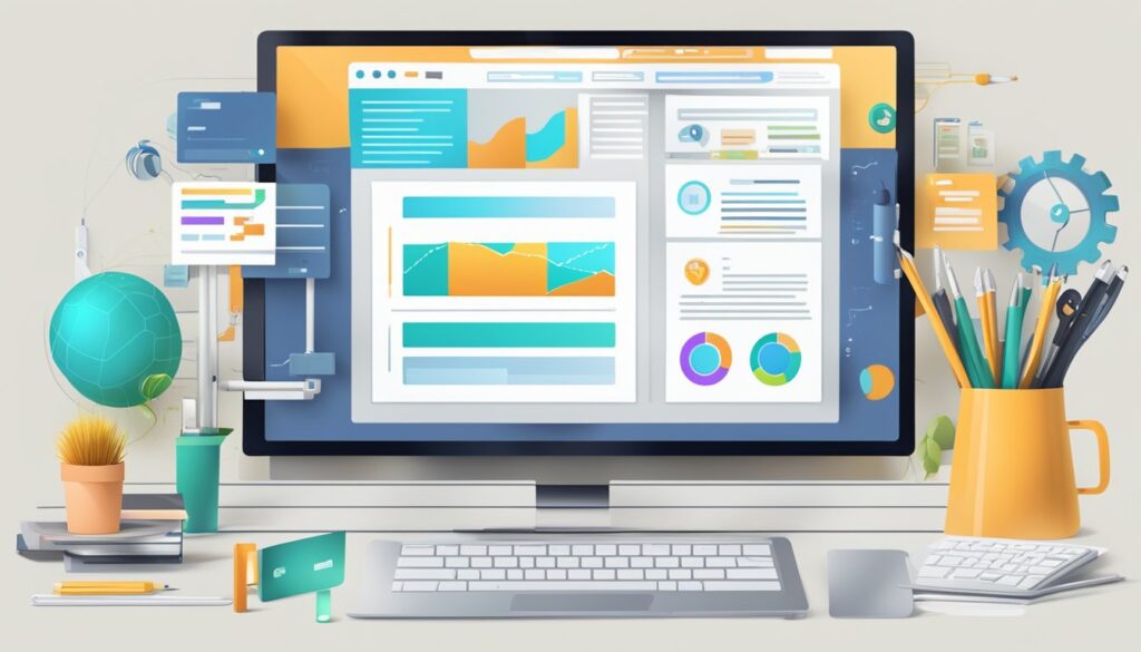 Uma tela de computador exibindo uma página de destino de alta conversão, cercada por ferramentas de marketing digital e software de automação.