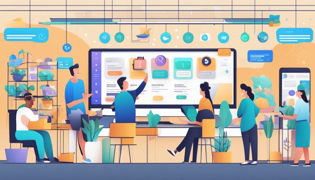 Um mercado digital movimentado com usuários diversos interagindo e se envolvendo com elementos de prova social em uma página de aterrissagem de alta conversão.