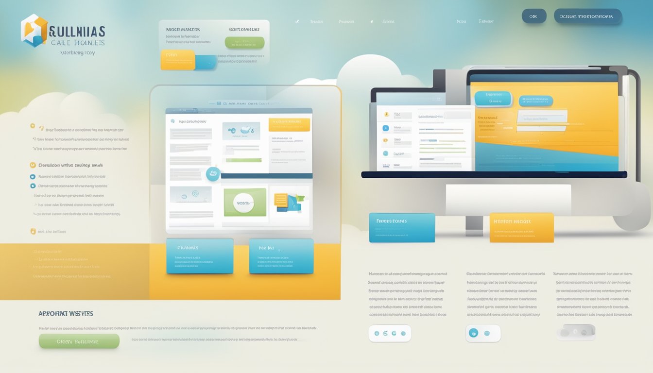 Um layout de site limpo e moderno com um logotipo profissional e abas de navegação claras. Depoimentos e informações de contato são exibidos de forma proeminente.