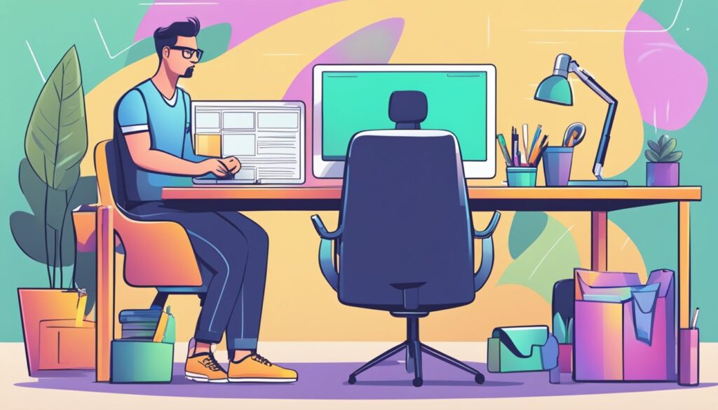 Uma pessoa sentada em uma mesa, usando um computador para gerenciar um site de e-commerce e criar conteúdo profissional para blogs.