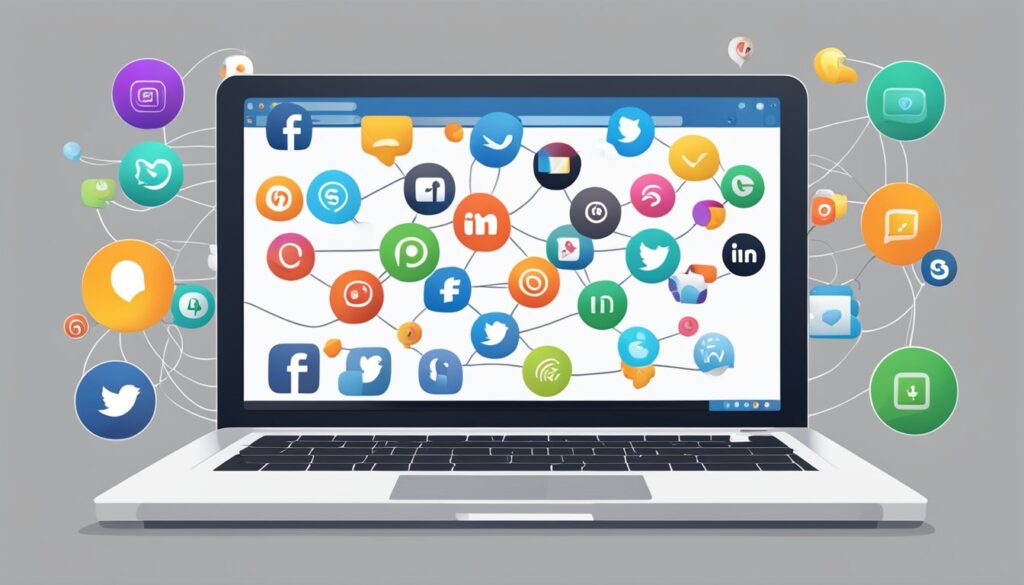 Um laptop com ícones de redes sociais conectando a um design de site elegante e moderno
