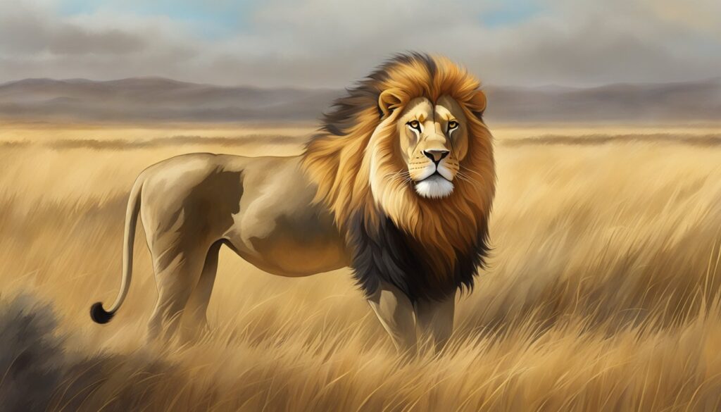 Um leão majestoso se ergue orgulhosamente em uma vasta savana, sua juba dourada balançando ao vento enquanto observa seu domínio.