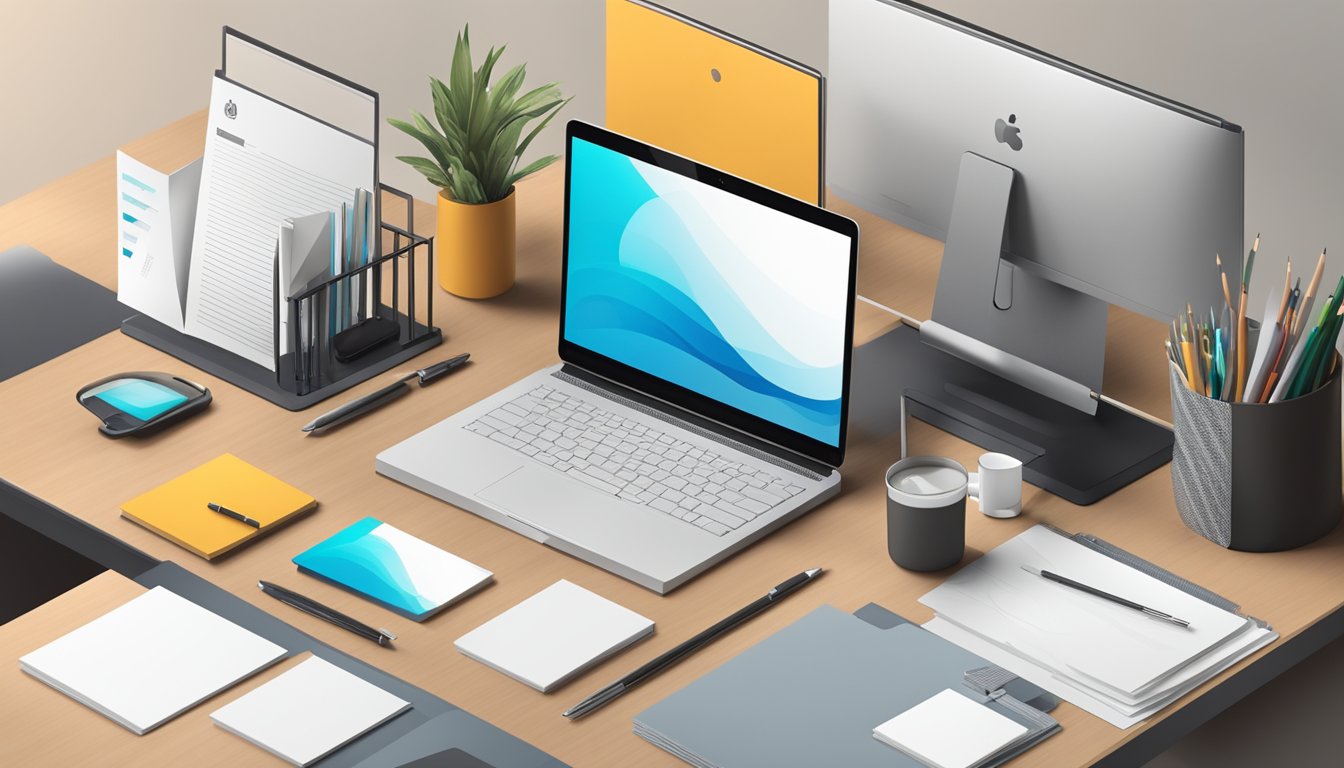 Uma mesa de escritório moderna com um computador, caderno e materiais de branding, como um logotipo, cartões de visita e papel timbrado.