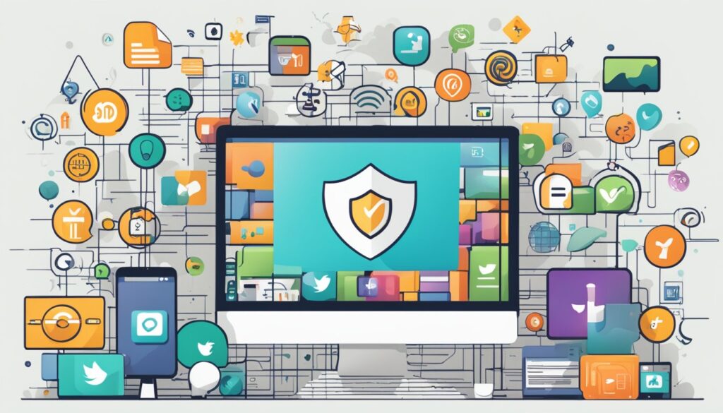 Uma tela de computador exibindo um site com um logotipo de "domínio", cercada por vários ícones de redes sociais e símbolos de identidade online.