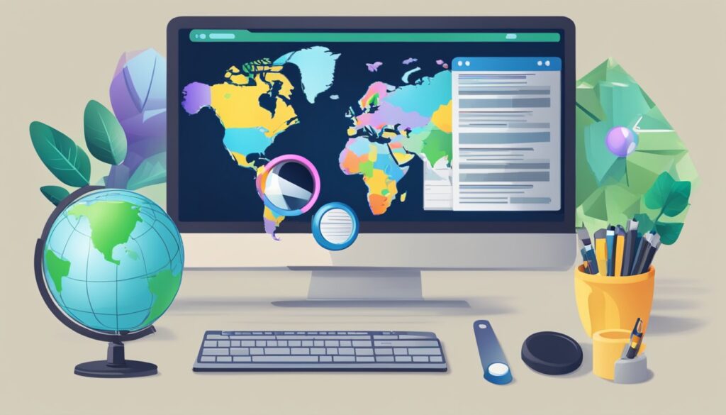 Uma tela de computador exibindo várias extensões de domínio específicas com um globo e uma lupa próxima.