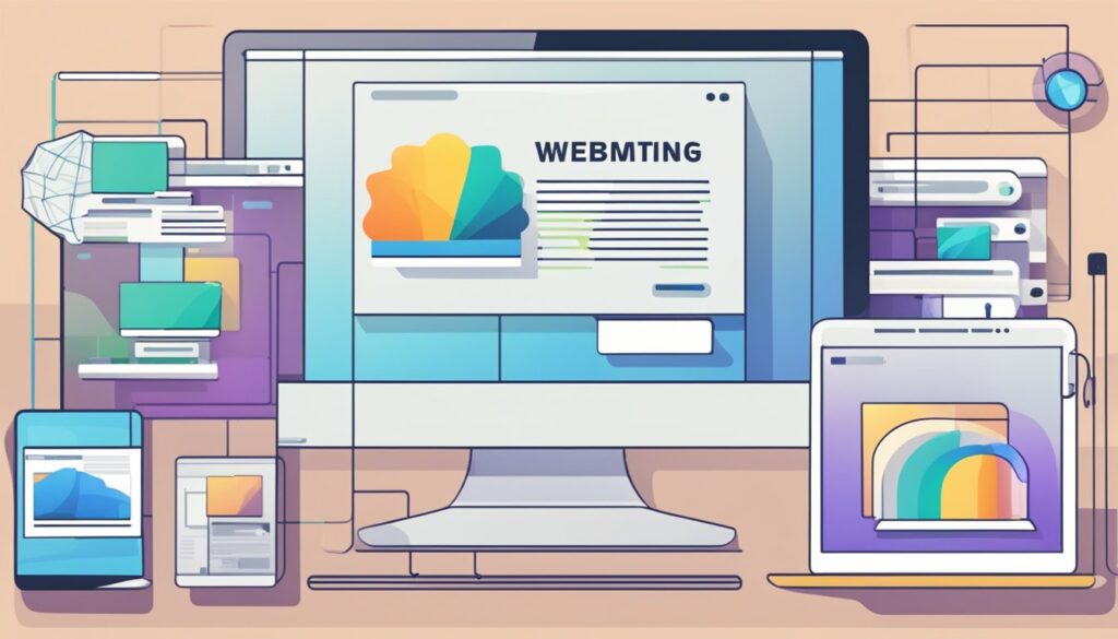 Uma tela de computador exibindo um site com um nome de domínio proeminente, cercada por vários dispositivos digitais e materiais de branding online.