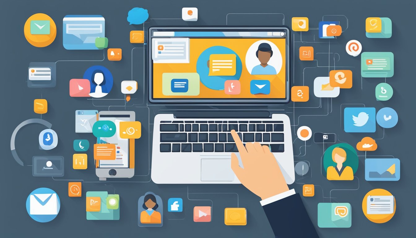 Uma tela de computador exibindo várias opções de contato e canais de comunicação, como telefone, e-mail e ícones de redes sociais.