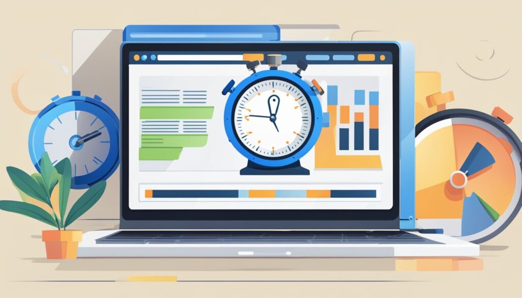 Um monitor de computador exibindo um site carregando com um cronômetro ao lado.