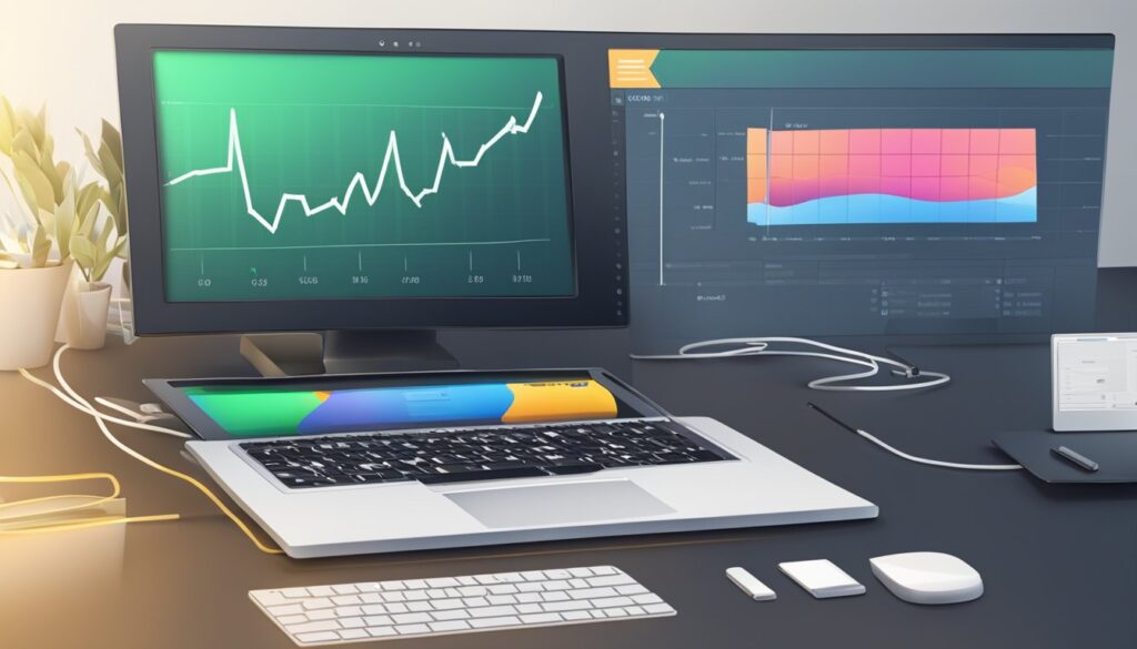 Um cronômetro pairando sobre uma tela de computador, com uma barra de carregamento em progresso