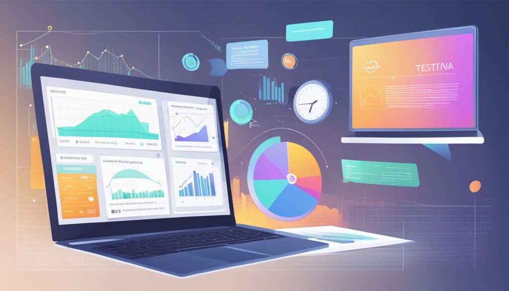 Uma tela de computador exibindo uma ferramenta de teste de velocidade de site com dados e gráficos, cercada por notas de análise técnica e estratégias de otimização.