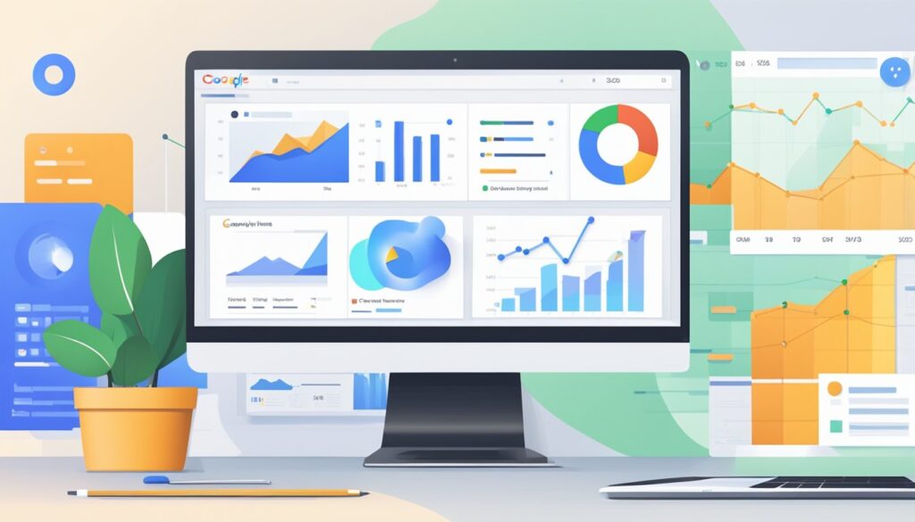 Um laptop exibindo o Google Analytics com uma ferramenta de teste de velocidade aberta, cercado por elementos de design de site.