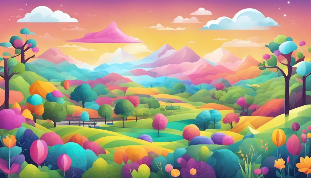Uma paisagem digital colorida com vários elementos da web e símbolos representando as vantagens do formato WebP