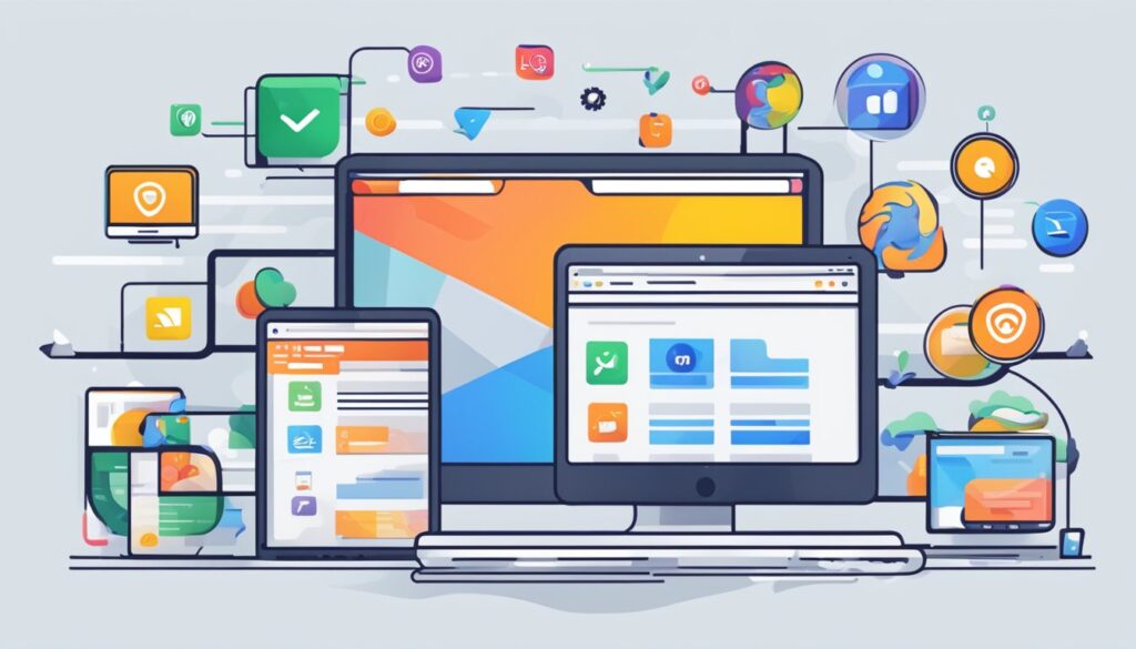 Uma tela de computador exibindo um site com o logotipo WebP, cercada por ícones de diferentes navegadores e plataformas da web.
