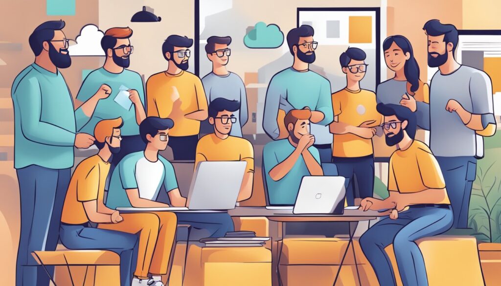Um grupo de desenvolvedores discutindo entusiasticamente os benefícios do uso do WebP, enquanto apresenta exemplos da superior compressão e qualidade do formato de imagem.