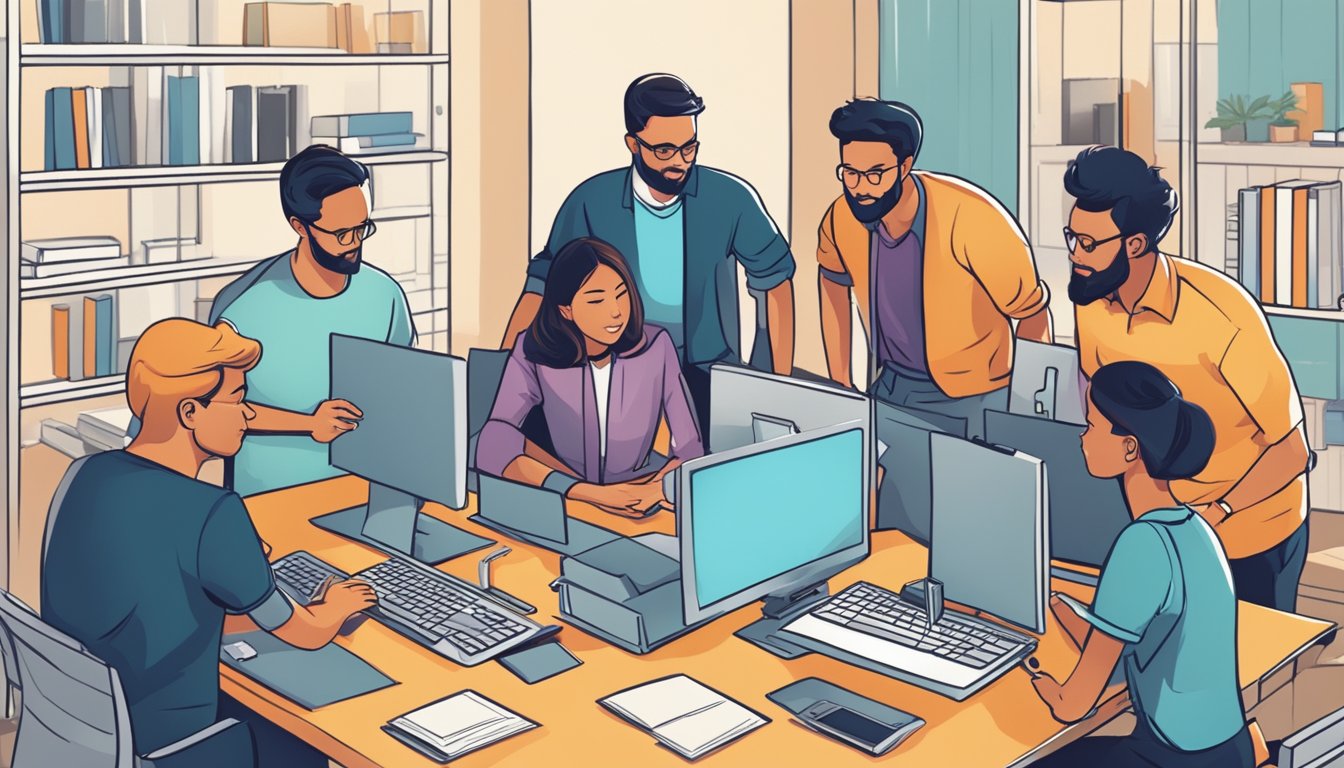 Um grupo de pessoas se reuniu em torno de um computador, discutindo e planejando os próximos passos para um novo site institucional.