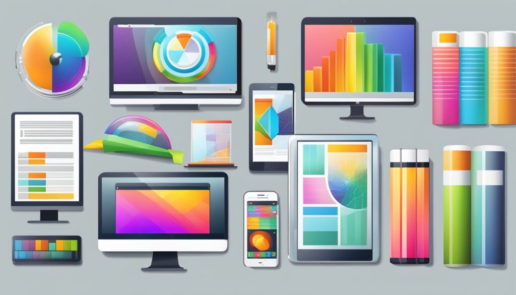 Uma variedade colorida de gráficos da web, desde ícones simples até fotografias detalhadas, é exibida em alta resolução em vários dispositivos digitais.