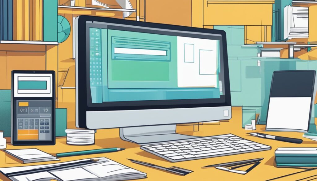 Uma tela de computador exibindo um site sendo construído, cercada por ferramentas de design e uma calculadora mostrando o custo