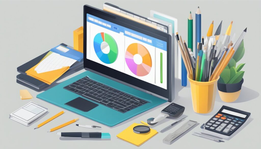 Um computador com uma tela em branco cercado por ferramentas de design e uma calculadora, representando o custo de criar um site.