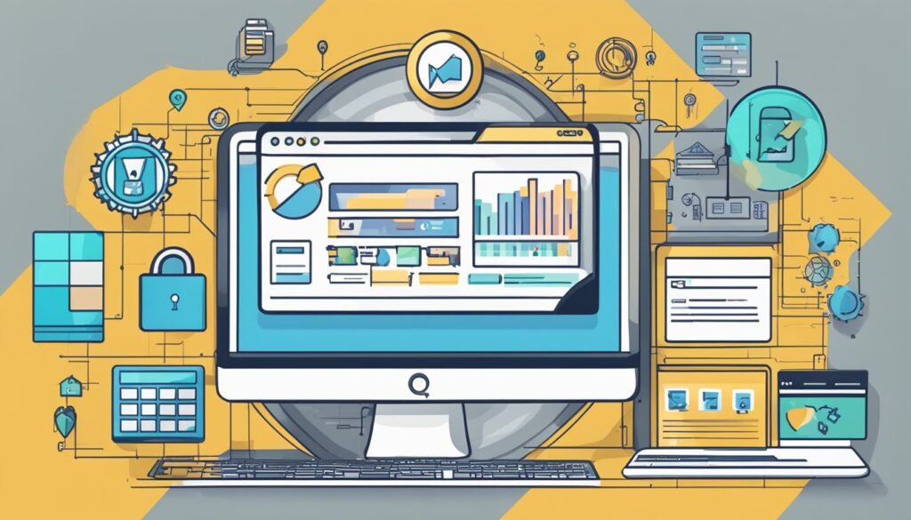 Uma tela de computador exibindo uma página de segurança de site com um gráfico de preços, cercada por vários símbolos e ícones de segurança digital.