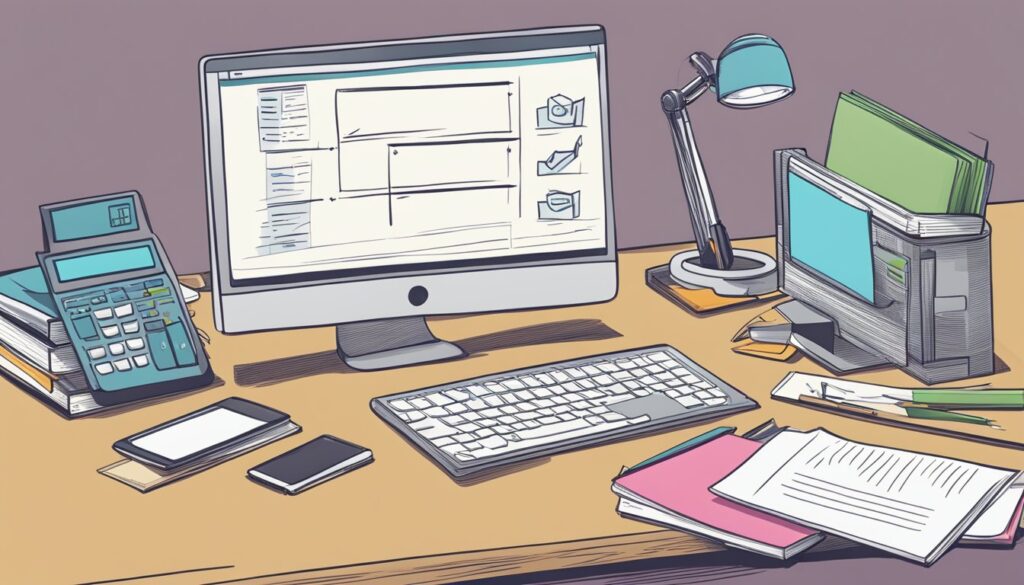 Um computador com um livro de otimização para mecanismos de busca (SEO), um esboço de layout de site e uma calculadora em uma mesa