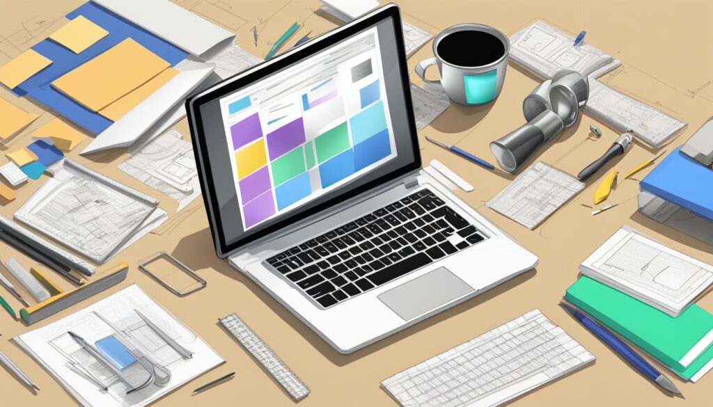 Uma tela de computador exibindo um site sendo construído, cercada por esboços de design e anotações. Ferramentas e materiais de um construtor estão espalhados sobre uma mesa.