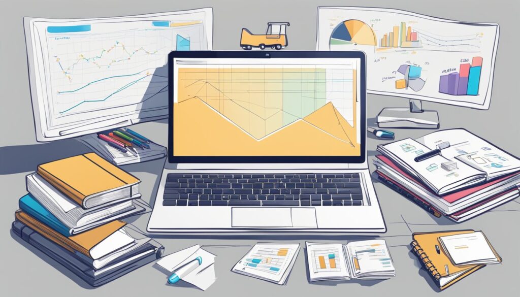 Uma mesa bagunçada com um laptop, caderno e caneta. Uma pilha de livros sobre e-commerce e um quadro branco com diagramas estratégicos.