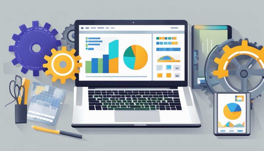 Um laptop com um gráfico mostrando análise de desempenho, cercado por ferramentas e engrenagens simbolizando ajustes, ao lado de uma tela de computador exibindo um design de site de e-commerce.